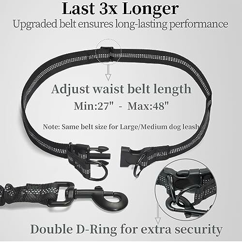 Adjustable waist belt with double D-ring for dog leash, length 27 to 48 inches.