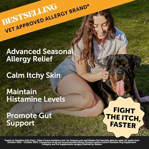 Woman with dog promoting allergy relief supplement benefits.