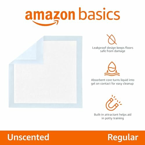 Amazon Basics dog training pad with features: leakproof, absorbent core, built-in attractant.