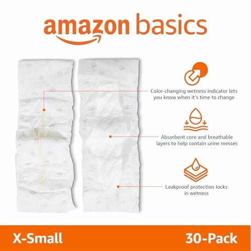 Amazon Basics X-Small Puppy Pads with features highlighted.