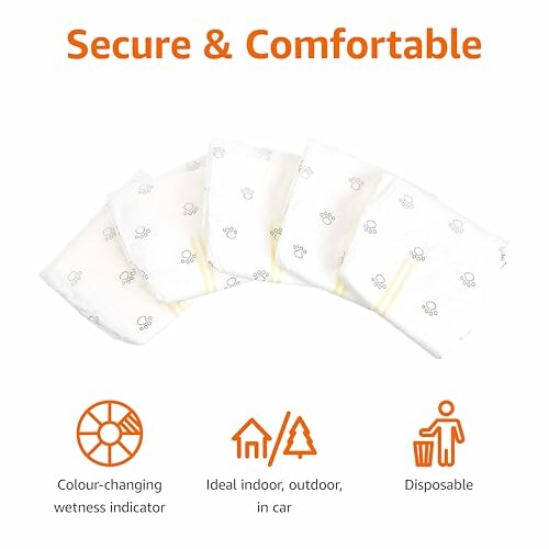 Four baby diapers with features: color-changing wetness indicator, ideal for indoor and outdoor use, disposable.