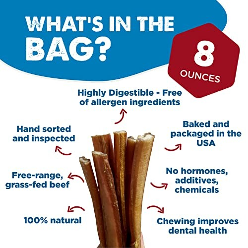 Bag of natural beef dog chews with benefits highlighted.