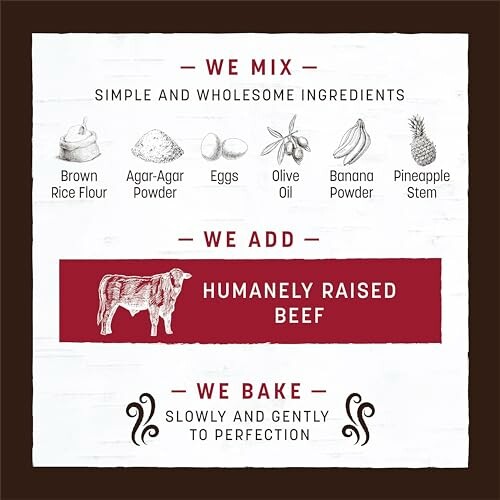 Ingredients for dog treats including brown rice flour, agar-agar powder, eggs, olive oil, banana powder, pineapple stem, humanely raised beef.
