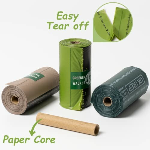 Biodegradable dog poop bags with easy tear-off feature and paper core.