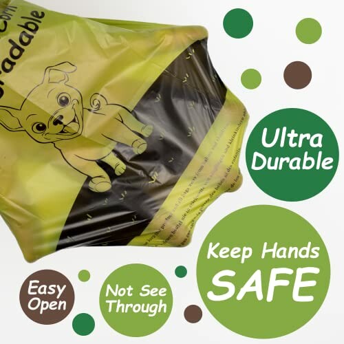 Biodegradable dog poop bags with features like ultra durable, easy open, keep hands safe.
