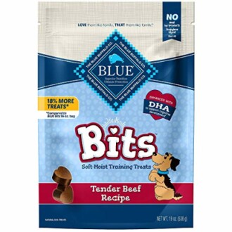 Blue Bits tender beef flavor soft-moist dog training treats package.