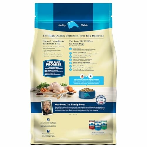 Bag of Blue Buffalo dog food with nutritional information and ingredients.