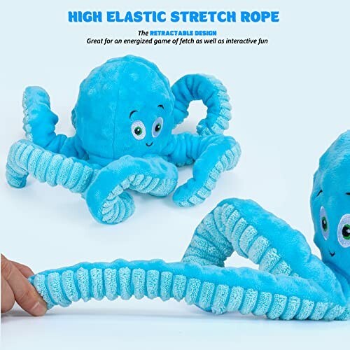 Blue octopus dog toy with retractable stretch rope.