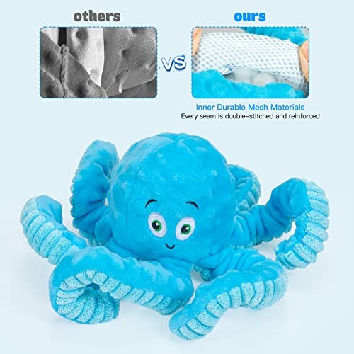 Blue octopus dog toy with durable mesh materials and double-stitched seams.