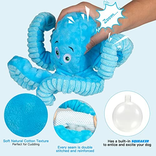 Blue plush octopus dog toy with squeaker and soft cotton texture.