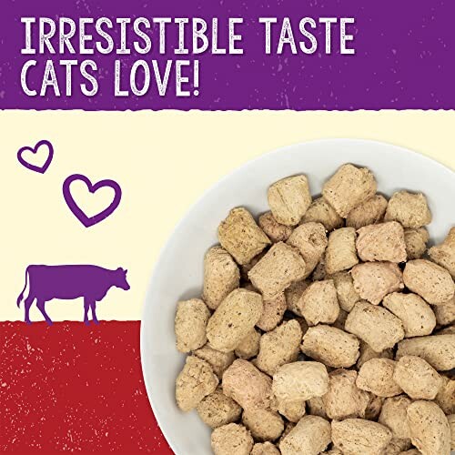 Bowl of cat treats with text 'Irresistible taste cats love!' and cow silhouette.