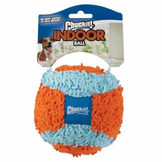 Chuckit Indoor Ball dog toy with orange and blue plush design.