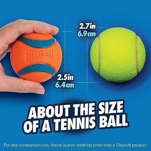 Comparison of Chuckit ball and tennis ball sizes.