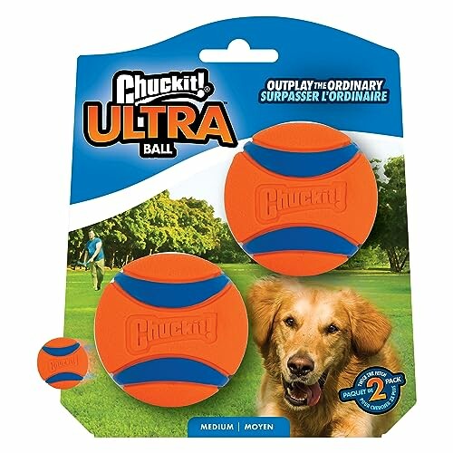 Chuckit Ultra Ball packaging with two orange and blue balls and a dog.