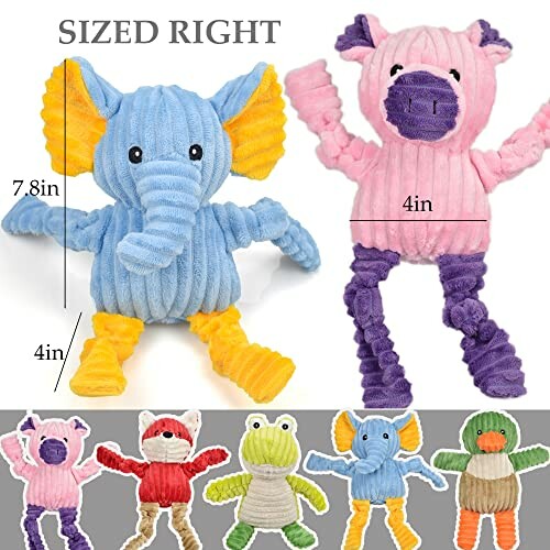 Colorful stuffed animal toys including an elephant and a pig, with size dimensions.