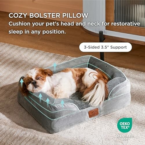 Dog sleeping on a gray bolster pillow pet bed with text about 3-sided support.