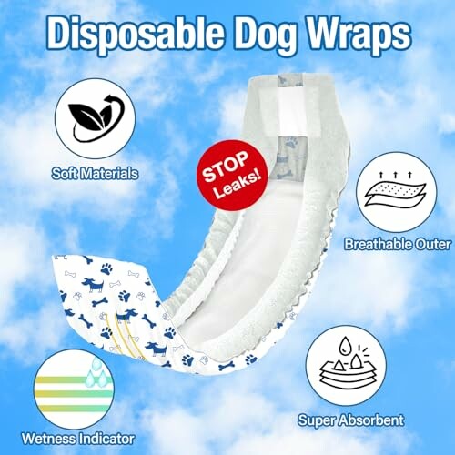 Disposable dog wraps with leak protection and absorbent materials.