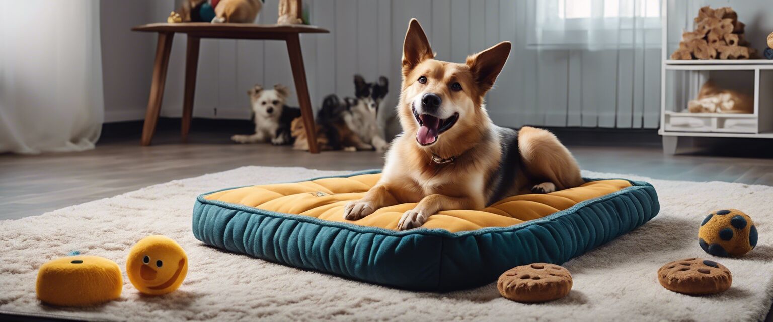 Happy dog on a comfortable bed
