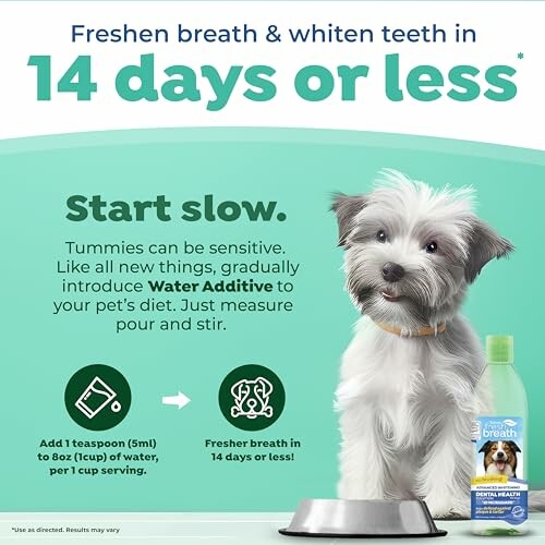 Ad for dog breath freshener with a cute dog and product instructions.