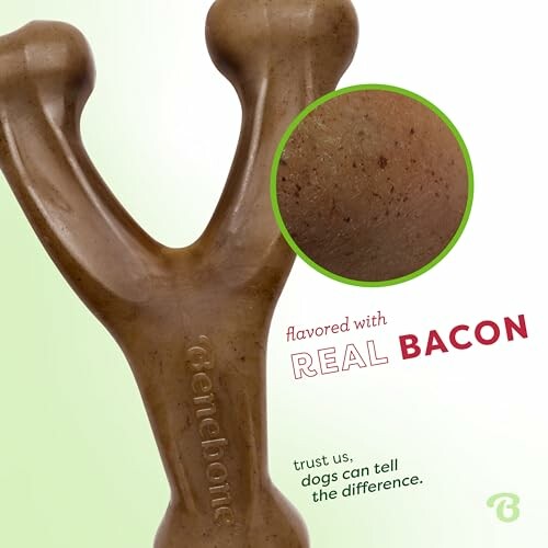 Dog chew toy with real bacon flavor text.