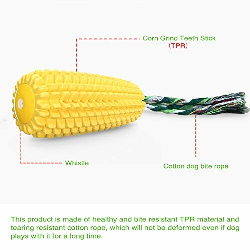 Dog toy shaped like corn with a whistle and cotton bite rope.