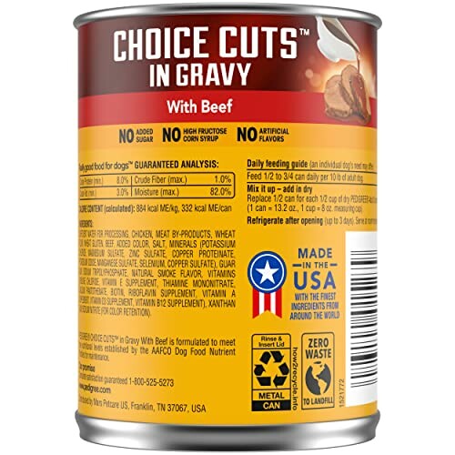 Back of a Choice Cuts in Gravy with Beef dog food can showing ingredients and nutritional information.