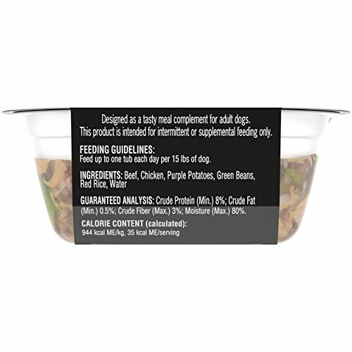 Dog food container with nutrition and ingredient details.