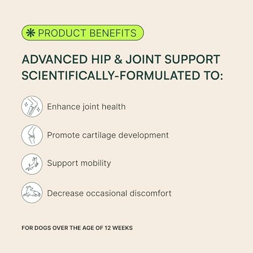 Product benefits for advanced hip and joint support for dogs, including enhanced joint health, cartilage development, mobility support, and decreased discomfort.