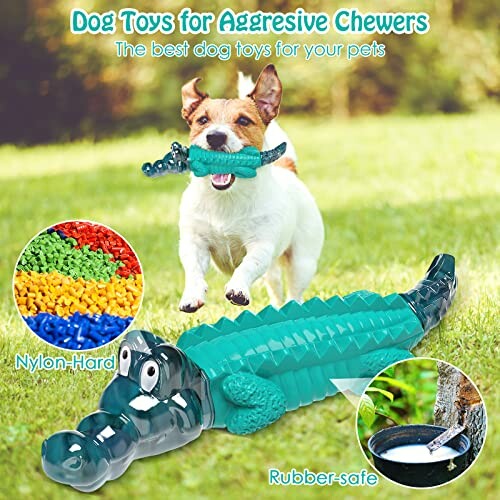 Dog playing with green alligator chew toy in a grassy area.