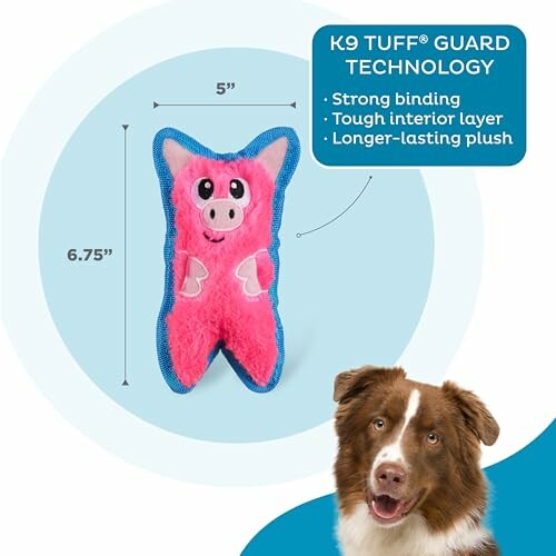 Pink plush pig dog toy with dimensions and technology features