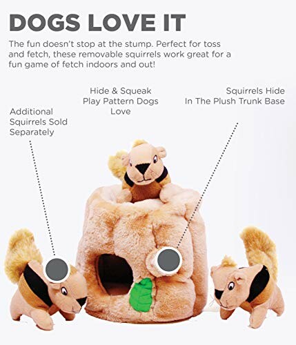 Plush dog toy with squirrels and a stump for hide and seek game.
