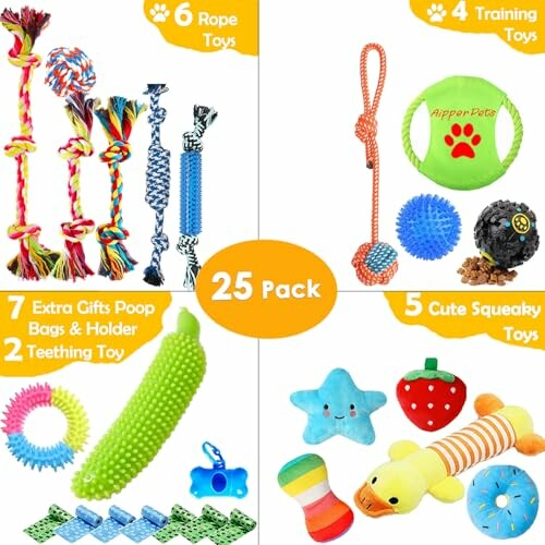 Assorted dog toys including ropes, training toys, squeaky toys, and more.