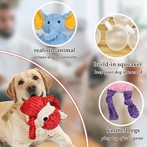 Dog holding a toy with realistic animal design, built-in squeaker, and knotted legs.