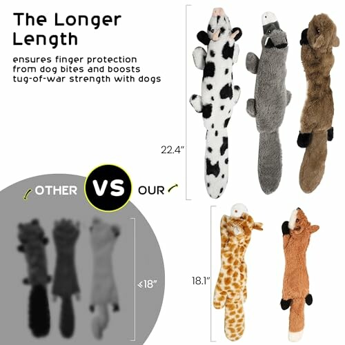 Comparison of longer dog toys for tug-of-war with measurements.