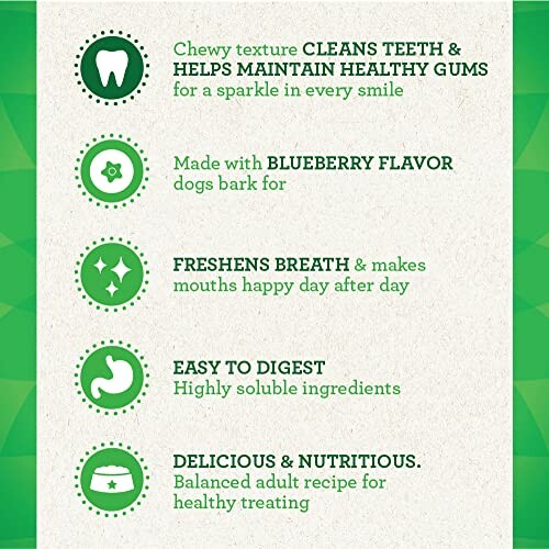Dog treat benefits: cleans teeth, blueberry flavor, freshens breath, easy to digest, nutritious.