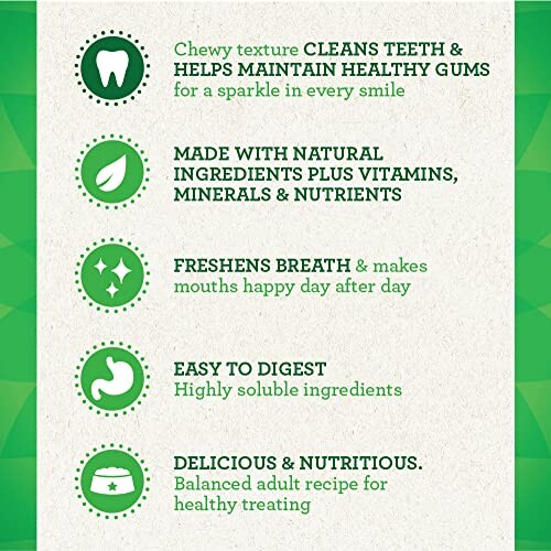 List of benefits of dog treats including cleaning teeth, natural ingredients, freshening breath, easy digestion, and nutritious.