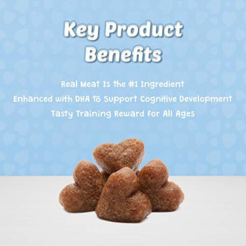 Heart-shaped dog treats with key product benefits listed.