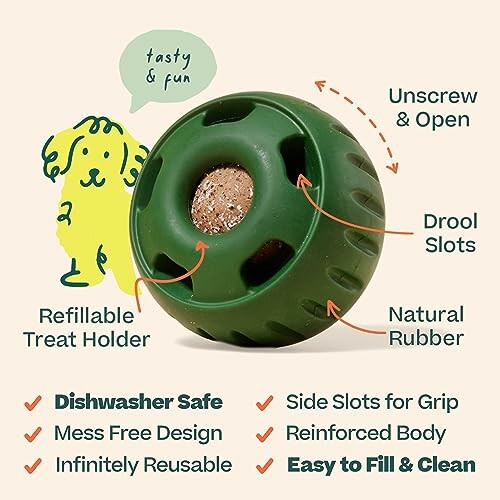 Green treat holder toy for dogs with features labeled, including drool slots and natural rubber.