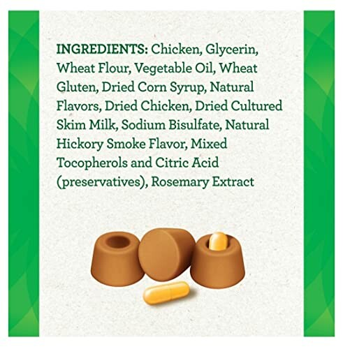 Ingredients list for dog treats with images of treats and a capsule.