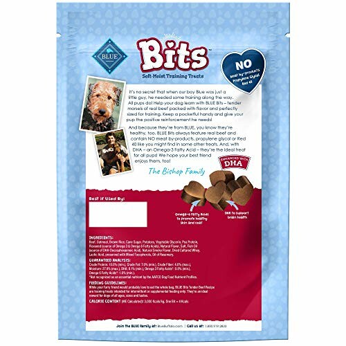 Back of a Blue Bits soft-moist training treats package with product details and ingredients.