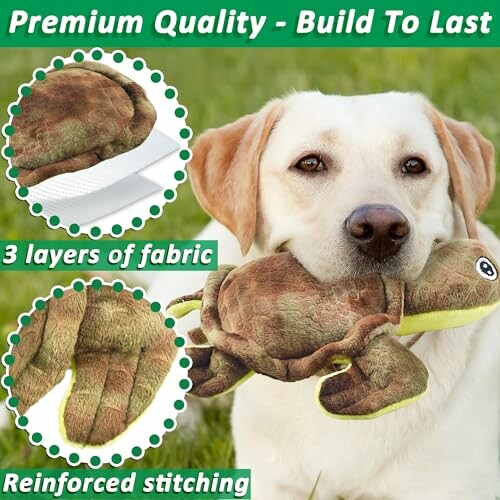 Dog holding a durable plush toy with text highlighting premium quality, three fabric layers, and reinforced stitching.