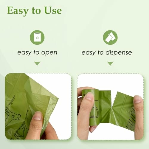 Instructions showing how to open and dispense green bags.