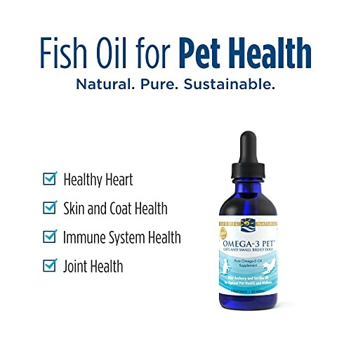 Fish oil supplement for pet health with benefits listed.