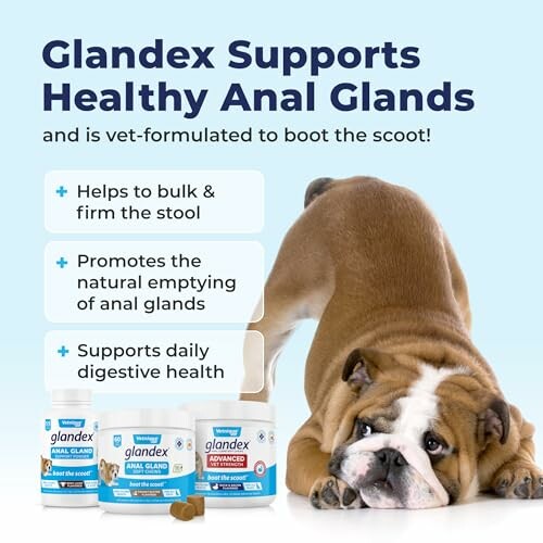 Glandex supplement for dog anal gland health with benefits listed and a bulldog image.