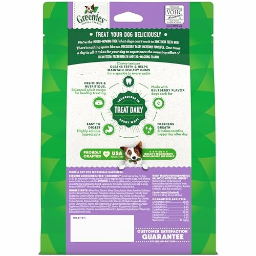 Back of Greenies dog treat package with product information and benefits.