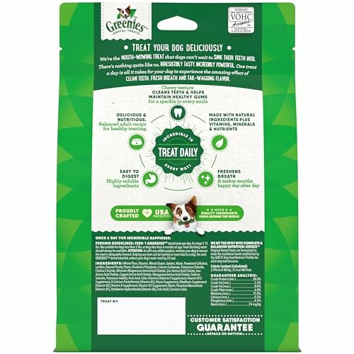 Back of Greenies dog treat package with product details and benefits.