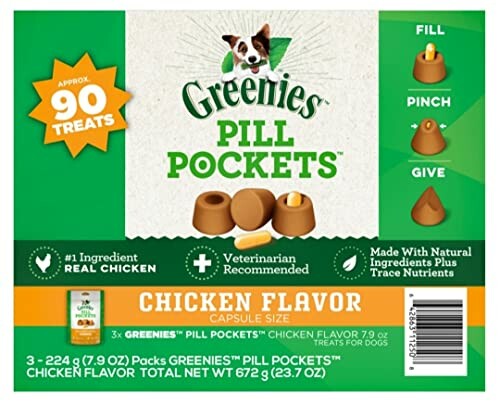 Greenies Pill Pockets Chicken Flavor for dogs, 90 treats package.