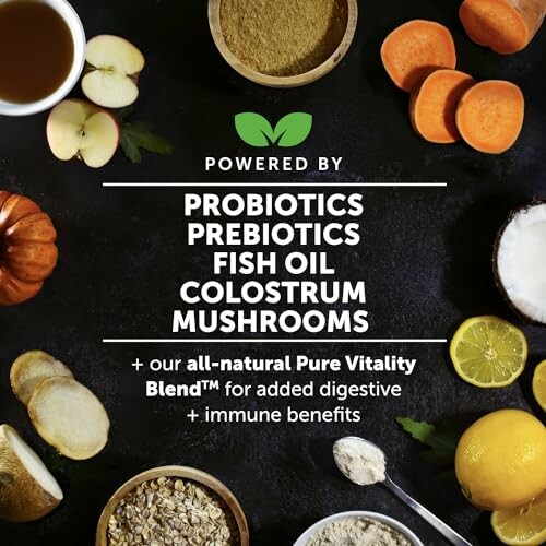 Image showing ingredients: probiotics, prebiotics, fish oil, colostrum, mushrooms, and Pure Vitality Blend for digestive and immune benefits.