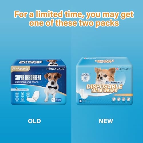 Comparison of old and new packaging for Honeycare disposable male wraps.