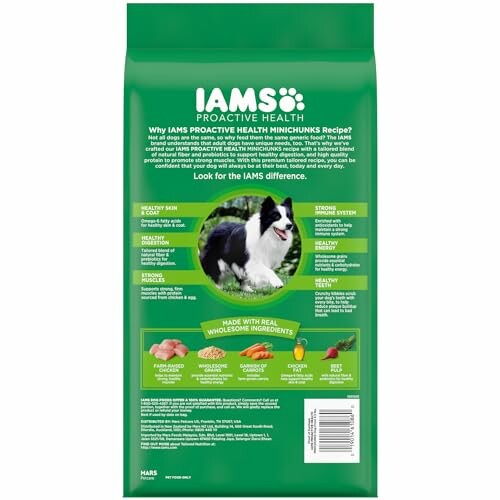 Back of IAMS Proactive Health dog food bag with product features and ingredients.